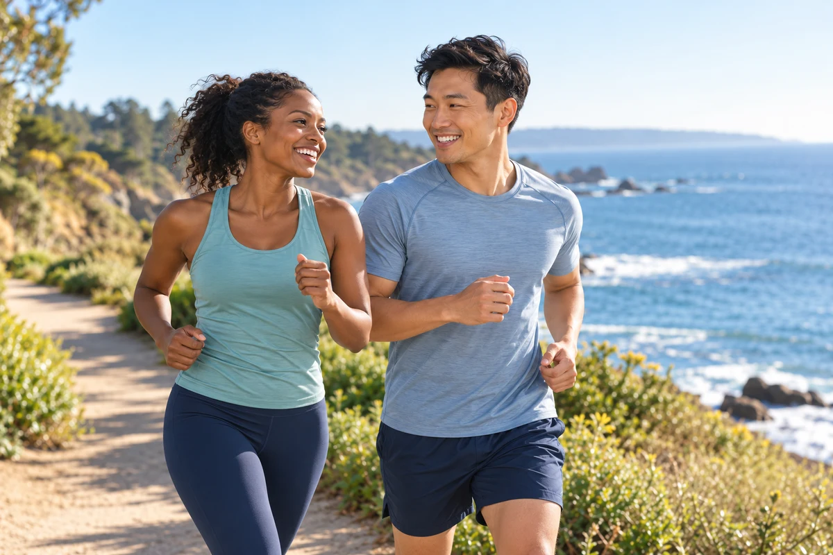 Lifestyle illustration of a couple running together along a coastal path