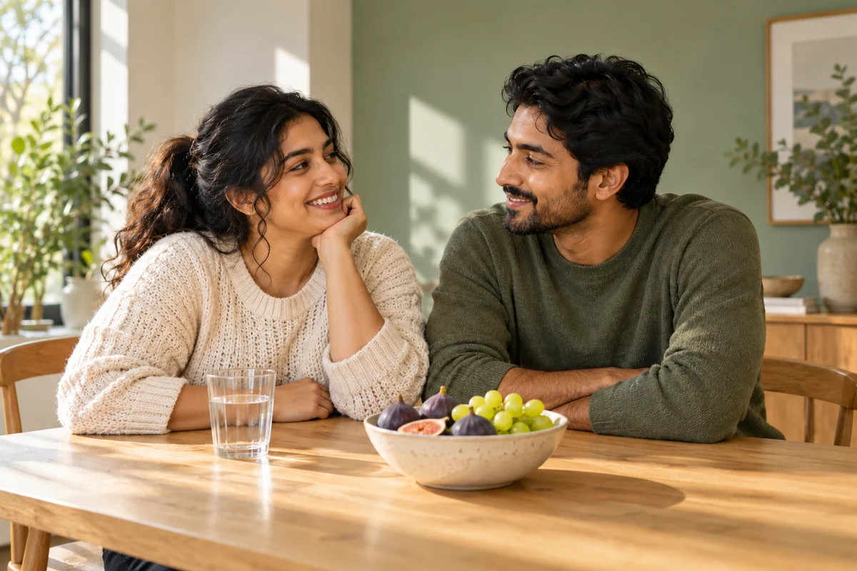 Lifestyle illustration of a couple sharing a relaxed morning at a dining table with water and fresh fruit