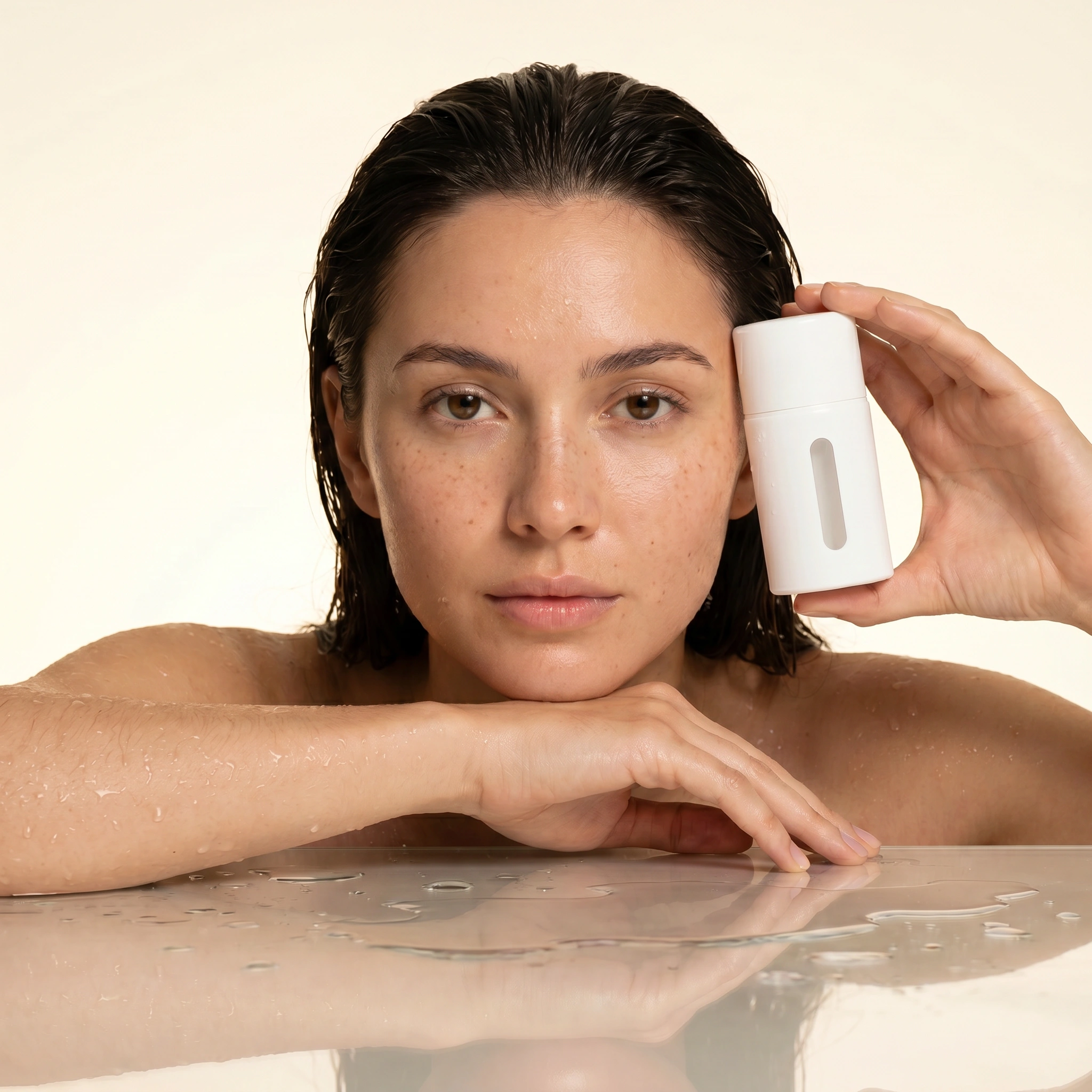 Minimal skincare portrait holding a treatment bottle