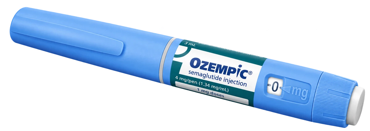 Illustration of a Canadian Ozempic teal-label pen delivering 1 mg doses
