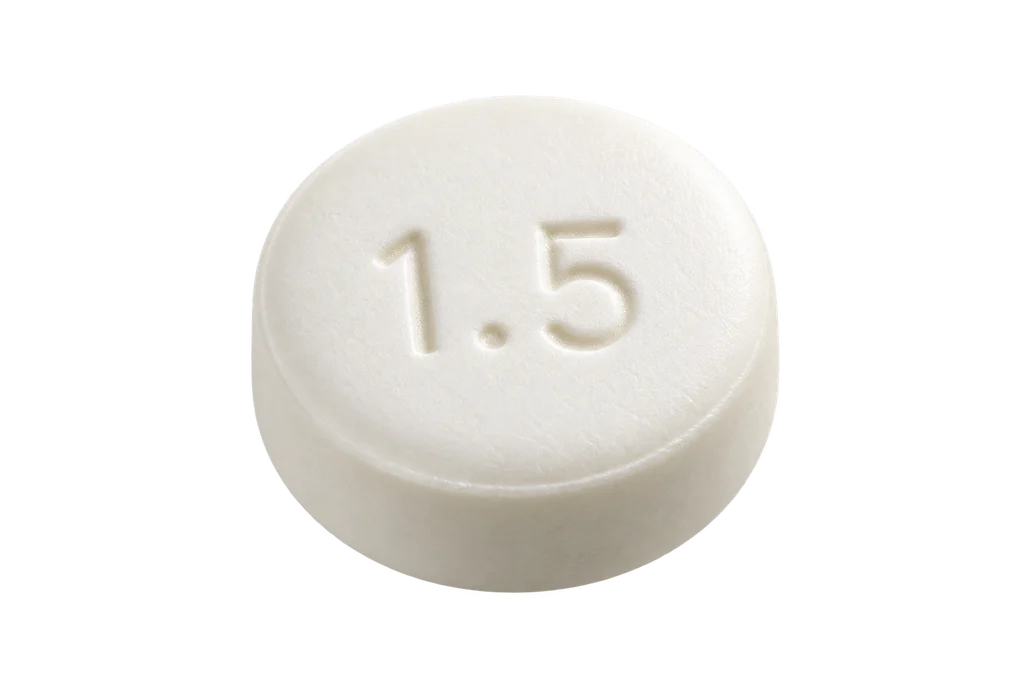 Illustration of a round Rybelsus optimized-formulation tablet with a 1.5 imprint